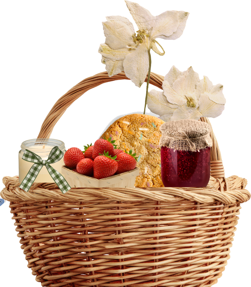 Basket with strawberries, a cookie, jam and a candle
